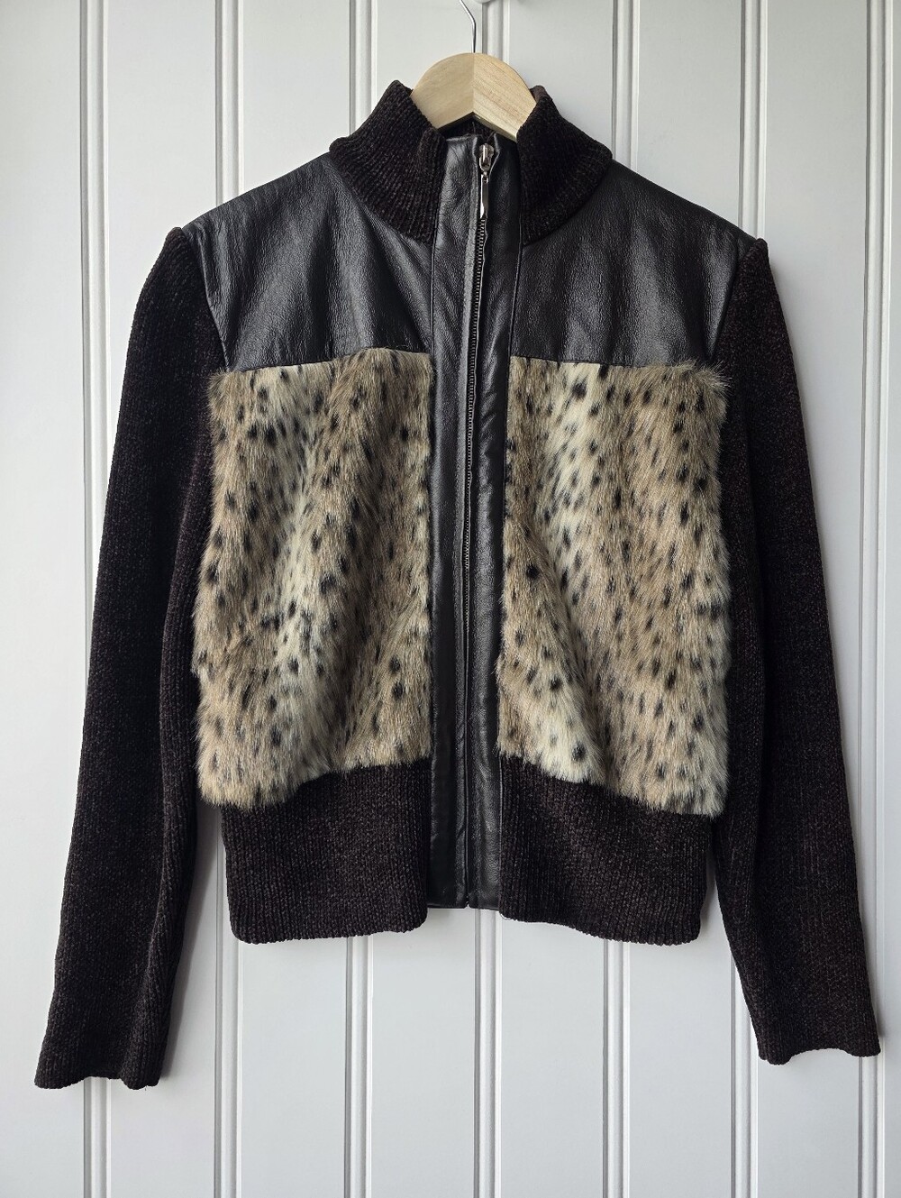 Lisa International Sweater Bomber Jacket Faux Fur Leather Leopard Print Large